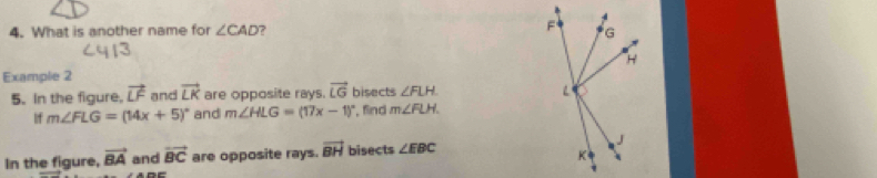 What is another name for ∠ CAD 7 
Example 2 
5. In the figure, vector LF and vector LK are opposite rays. vector LG bisects ∠ FLH
If m∠ FLG=(14x+5)^circ  and m∠ HLG=(17x-1)^circ  , find m∠ FLH. 
In the figure, vector BA and vector BC are opposite rays. vector BH bisects ∠ EBC