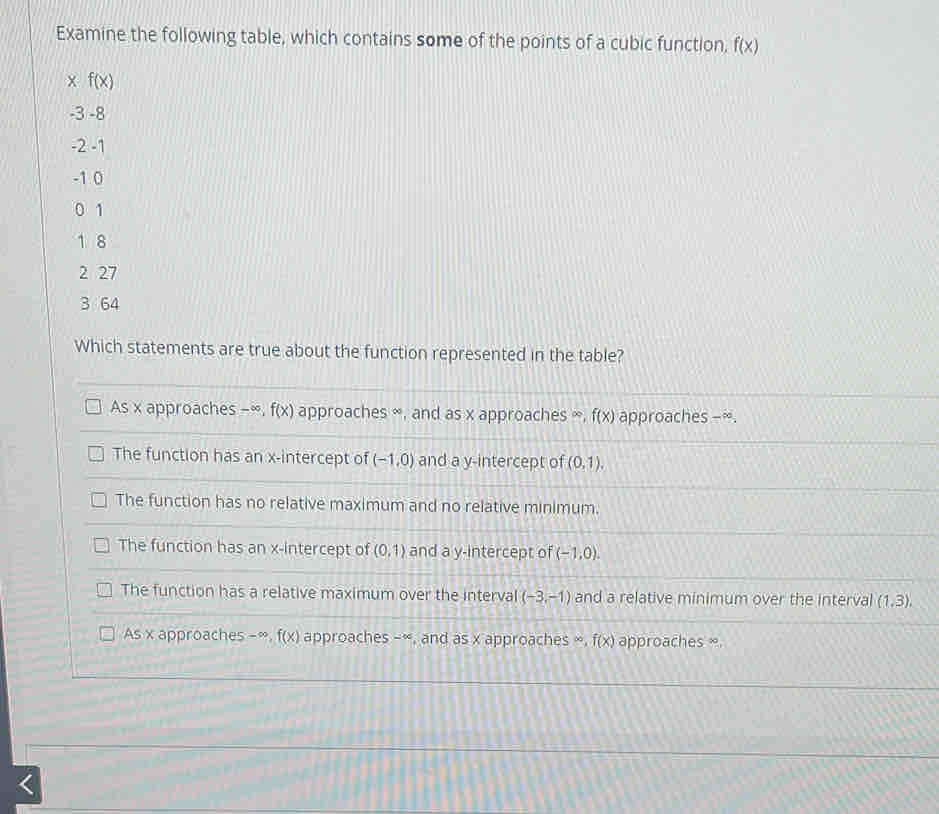 Examine the following table, which contains some of the points of a cubic function, f(x)
x f(x)
-3-8
-2 -1
-1 0
0 1
1 8
2 27
3 64
Which statements are true about the function represented in the table?
As x approaches -∞, f(x) approaches ∞, and as x approaches ∞, f(x) approaches -∞.
The function has an x-intercept of (-1,0) and a y-intercept of (0,1).
The function has no relative maximum and no relative minimum.
The function has an x-intercept of (0,1) and a y-intercept of (-1,0).
The function has a relative maximum over the interval (-3,-1) and a relative minimum over the interval (1,3).
As x approaches -^circ  f(x) approaches -∞, and as x approaches ∞, f(x) approaches ∞ <