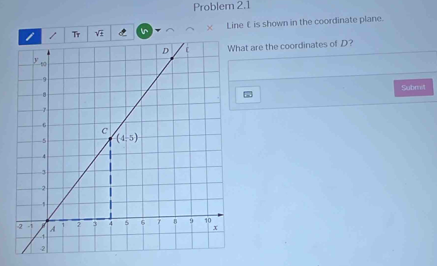 Problem 2.1
Tr sqrt(± ) Line £ is shown in the coordinate plane.
at are the coordinates of D?
Submit