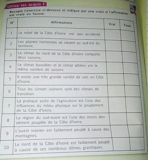 Utilise tes acquis 1
Recopie l'exercice ci-dessous et indique par une croix si l'affi
9
1