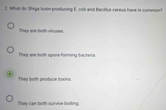 What do Shiga toxin-producing E. coli and Bacillus cereus have in common?
They are both viruses.
They are both spore-forming bacteria.
They both produce toxins.
They can both survive boiling.