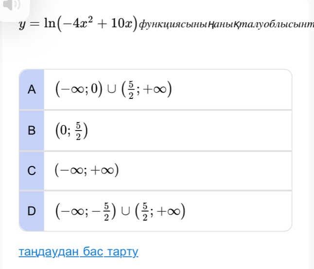 D2)
y=ln (-4x^2+10x) функUUясы|ны|КаныΚталуοблыιсы|нт
тандаудан бас τарτу