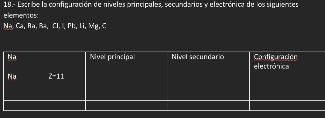 18.- Escribe la configuración de niveles principales, secundarios y electrónica de los siguientes
elementos:
Na, Ca, Ra, Ba, Cl, I, Pb, Li, Mg, C