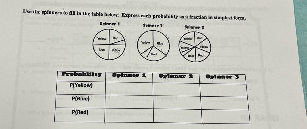 Use the spinners to fill in the table below. Express each probability as a fraction in simplest form.