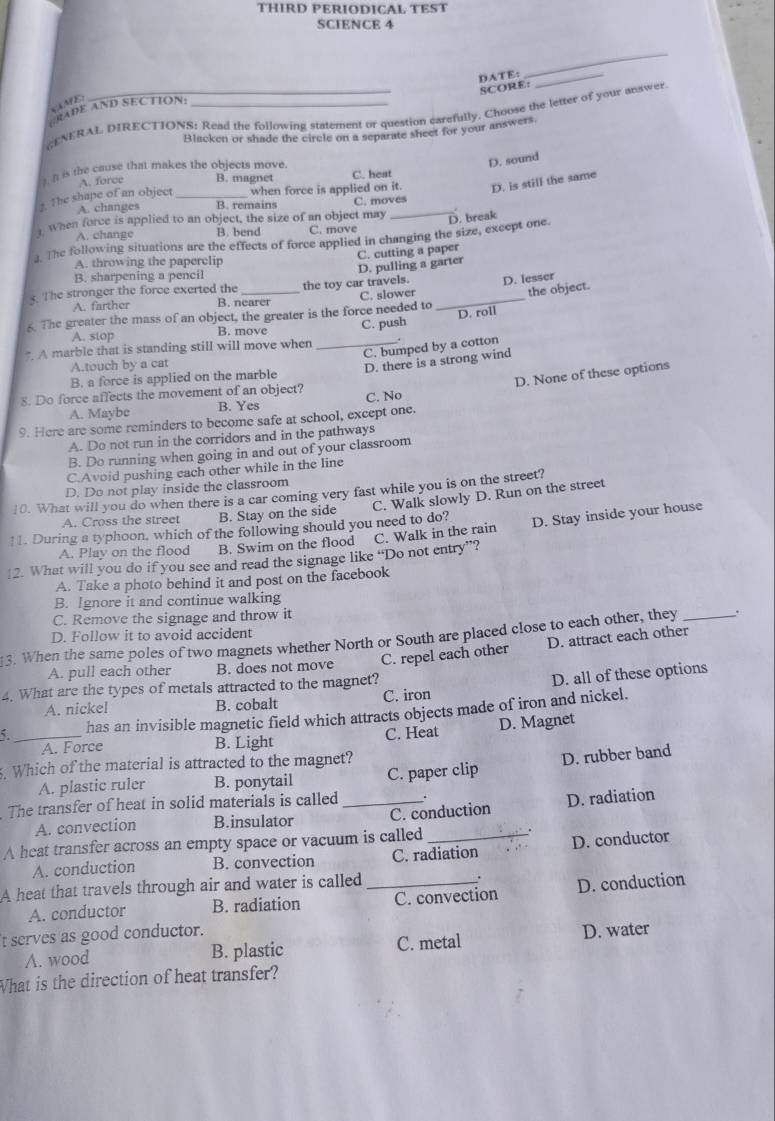 Solved: THIRD PERIODICAL TEST SCIENCE 4 DATE:_ _ SCORE: CRADE AND ...