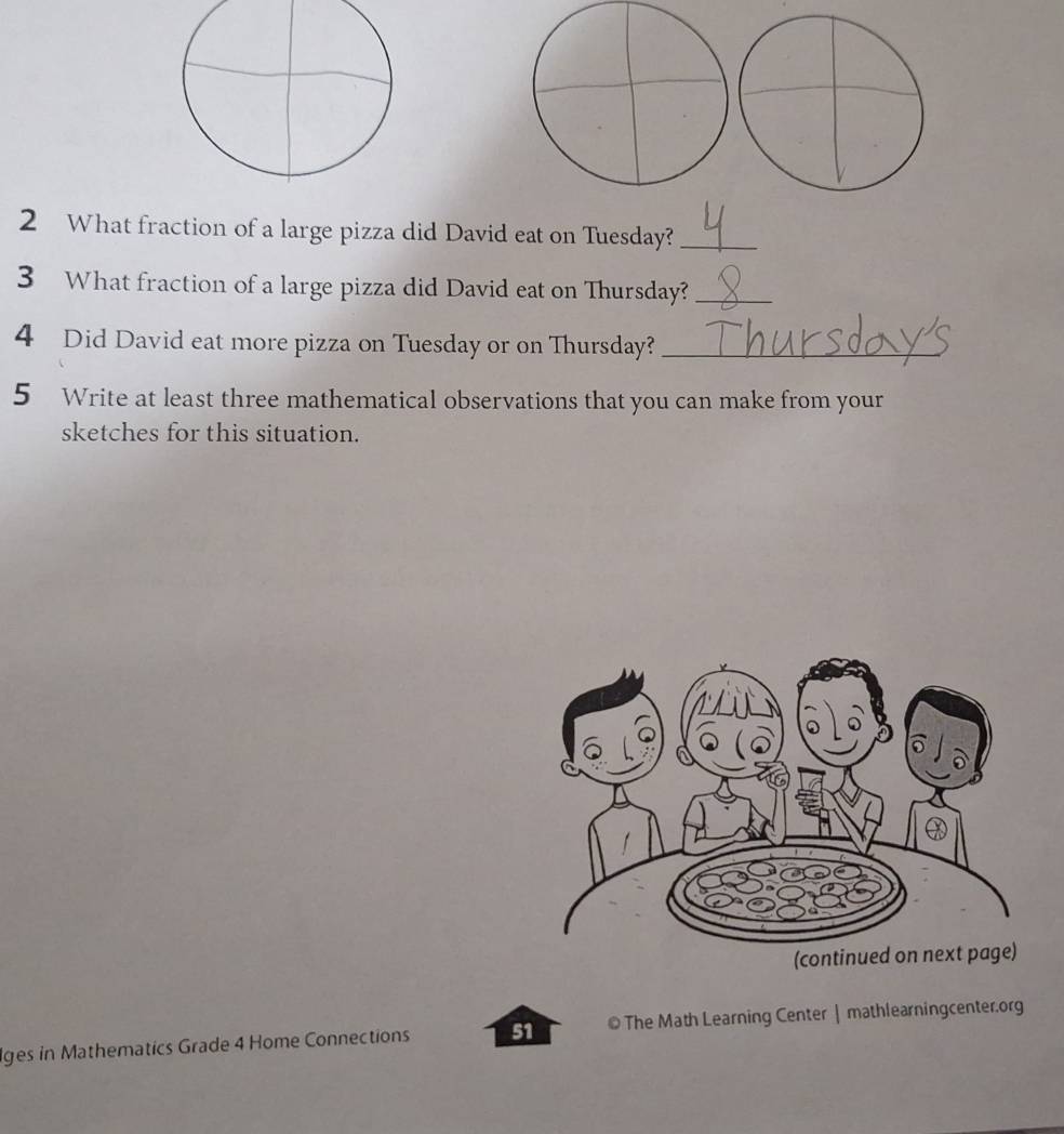 What fraction of a large pizza did David eat on Tuesday?_ 
3 What fraction of a large pizza did David eat on Thursday?_ 
4 Did David eat more pizza on Tuesday or on Thursday?_ 
5 Write at least three mathematical observations that you can make from your 
sketches for this situation. 
(continued on next page) 
Iges in Mathematics Grade 4 Home Connections 51 © The Math Learning Center | mathlearningcenter.org