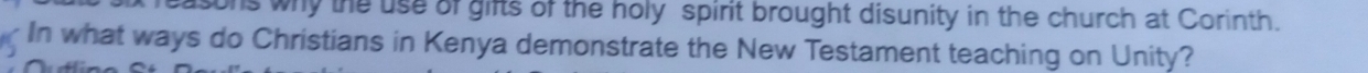 hs why the use of gifts of the holy spirit brought disunity in the church at Corinth. 
In what ways do Christians in Kenya demonstrate the New Testament teaching on Unity?