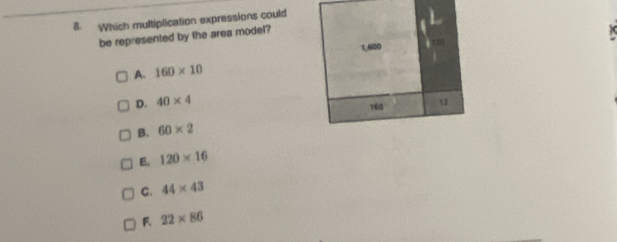 Which multiplication expressions could
be represented by the area model?
A. 160* 10
D. 40* 4
B. 60* 2
E, 120* 16
C. 44* 43
F. 22* 86