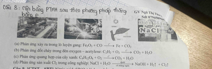 GV Ngô Thị Thu Sdt 079458956s 
Điện phan 
NaCl 
(a) Phản ứng xảy ra trong lò luyện gang: Fe_2O_3+COto Fe''Fe+Fe+CO_2Fe+CO_2
(b) Phản ứng đốt cháy trong đèn oxygen - acetylene: C_2H_2+O_2to CO_2+H_2O
(c) Phản ứng quang hợp của cây xanh: C_6H_12O_6+O_2xrightarrow rCO_2+H_2O
(d) Phản ứng sản xuất Cl_2 trong công nghiệp: NaCl+H_2Oxrightarrow dpdNaOH+H_2uparrow +Cl_2uparrow
Câu 9 ICTST