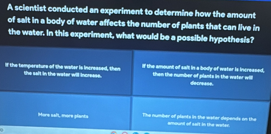 A scientist conducted an experiment to determine how the amount
of salt in a body of water affects the number of plants that can live in
the water. In this experiment, what would be a possible hypothesis?
if the temperature of the water is increased, then If the amount of sait in a body of water is increased,
then the number of plants in the water will
the sait in the water will increase. decrease.
The number of plants in the water depends on the
More salt, more plants amount of sait in the water.
o