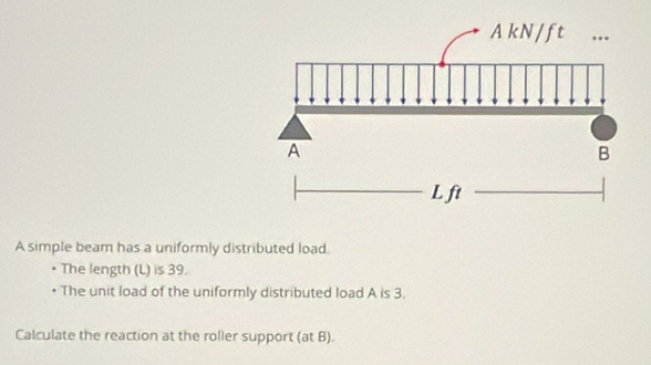 A simple beam has a uniformly distributed load. 
. The length (L) is 39. 
The unit load of the uniformly distributed load A is 3. 
Calculate the reaction at the roller support (at B).