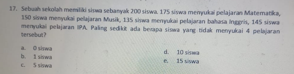 Sebuah sekolah memiliki siswa sebanyak 200 siswa. 175 siswa menyukai pelajaran Matematika,
150 siswa menyukai pelajaran Musik, 135 siswa menyukai pelajaran bahasa Inggris, 145 siswa
menyukai pelajaran IPA. Paling sedikit ada berapa siswa yang tidak menyukai 4 pelajaran
tersebut?
a. 0 siswa d. 10 siswa
b. 1 siswa
e. 15 siswa
c. 5 siswa