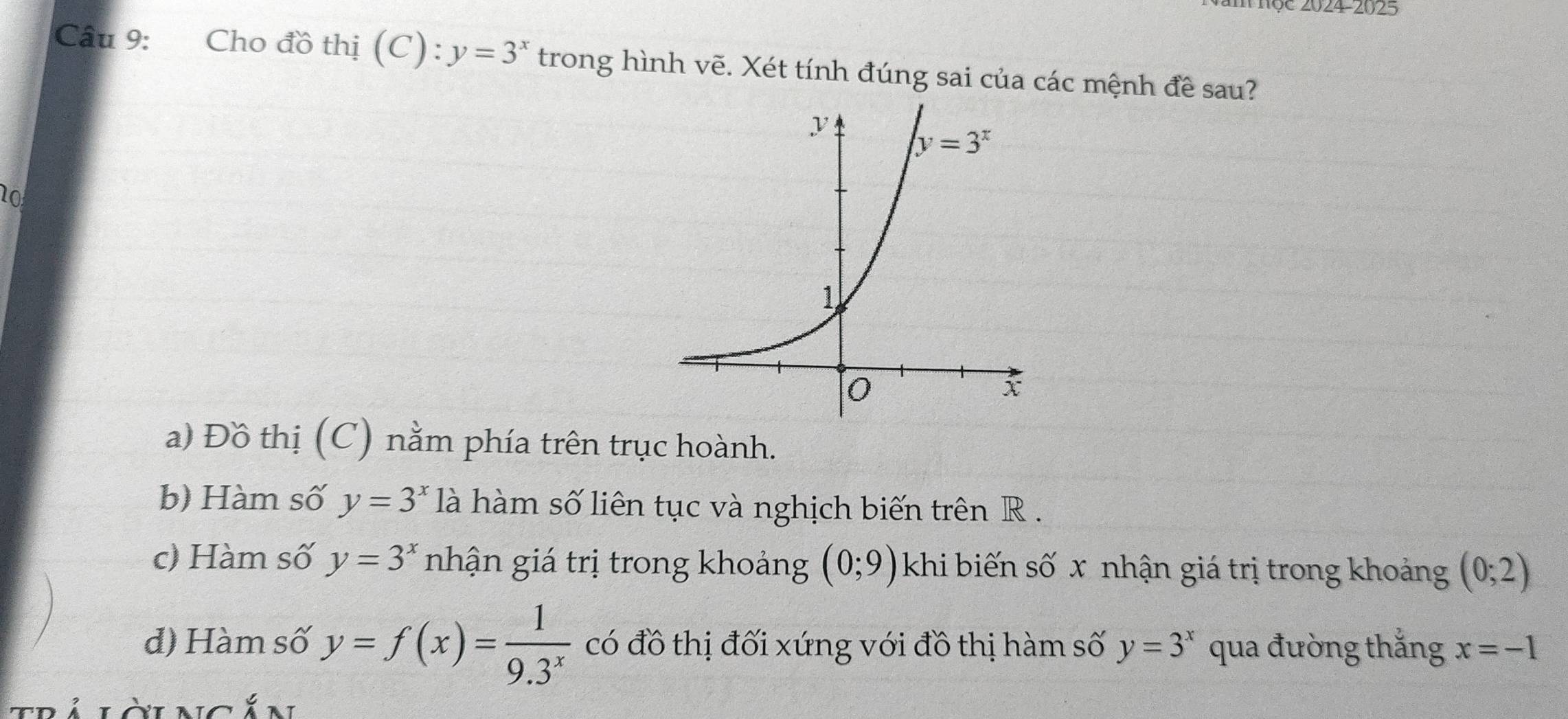 Thộe 2024-2025
Câu 9: Cho đồ thị (C): y=3^x trong hình vẽ. Xét tính đúng sai của các mệnh đề sau?
no
a) Đồ thị (C) nằm phía trên trục hoành.
b) Hàm số y=3^x là hàm số liên tục và nghịch biến trên R .
c) Hàm số y=3^x nhận giá trị trong khoảng (0;9) khi biến số x nhận giá trị trong khoảng (0;2)
d) Hàm số y=f(x)= 1/9.3^x  có đồ thị đối xứng với đồ thị hàm số y=3^x qua đường thắng x=-1
làungắn