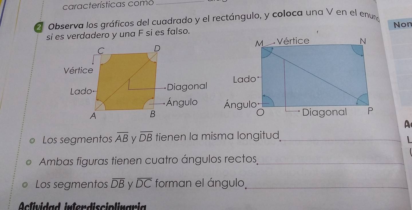 características como_ 
2 Observa los gráficos del cuadrado y el rectángulo, y coloca una V en el enuno 
Non 
si es verdadero y una F si es falso. 
A 
Los segmentos overline AB y overline DB tienen la misma longitud_ 
L 
Ambas figuras tienen cuatro ángulos rectos_ 
Los segmentos overline DB y overline DC forman el ángulo,_ 
Actividad interdisciolinaria