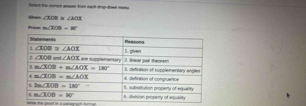 Select the correct answer from each drop-down menu.
Given: ∠ XOB≌ ∠ AOX
Prove: m∠ XOB=90°
White the proof in a paragraph format.