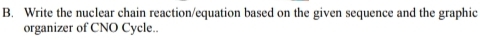 Write the nuclear chain reaction/equation based on the given sequence and the graphic 
organizer of CNO Cycle..