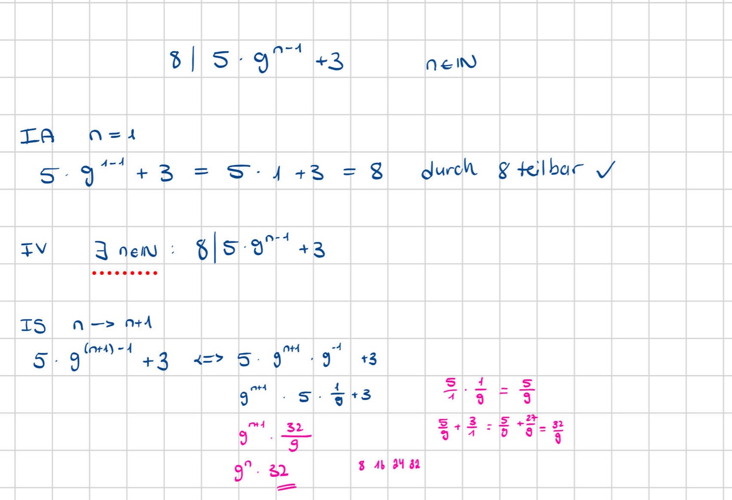 8|5· 9^(n-1)+3
nEIN
IA n=1
5. 9^(1-1)+3=5· 1+3=8 durch 8 teilbar
FV 3 new: 8|5· 9^(n-1)+3
Is nto n+1
5. 9^((n+1)-1)+3 Leftrightarrow 5· 9^(n+1)· 9^(-1)+3
9^(n+1)· 5·  1/9 +3
 5/1 ·  1/9 = 5/9 
9^(m+1)·  32/9 
 5/9 + 3/1 = 5/9 + 27/9 = 32/9 
9^n· 32=
8 16 89 82