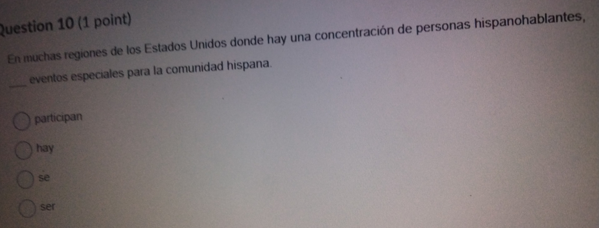 En muchas regiones de los Estados Unidos donde hay una concentración de personas hispanohablantes,
_eventos especiales para la comunidad hispana.
participan
hay
se
ser