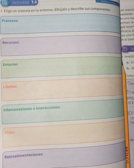 Actividad 7.2 
Analisis e intrs 
« Elige un sistema en tu entorno, dibújalo y describe sus componentes: Las reacci 
mediante 
Procesos: de una rea 
orman lo 
que ocurr 
eficacia d 
Recursos: en el tiem on una f 
③ A 
# Investi 
Entorno: a. Er 
b.E 
Elabor 
Cor 
Límites: 
ne 
pos 
ef 
Interconexiones o interacciones: 
Ef 
U 
lo 
Flujo: 
M 
Retroalimentaciones:
