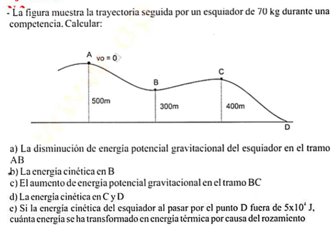 La figura muestra la trayectoria seguida por un esquiador de 70 kg durante una 
competencia. Calcular: 
A vo=0
C 
B
500m
300m 400m
D 
a) La disminución de energía potencial gravitacional del esquiador en el tramo 
AB 
b) La energía cinética en B 
c) El aumento de energia potencial gravitacional en el tramo BC 
d) La energía cinética en C y D 
e) Si la energía cinética del esquiador al pasar por el punto D fuera de 5* 10^4J, 
cuánta energía se ha transformado en energía térmica por causa del rozamiento