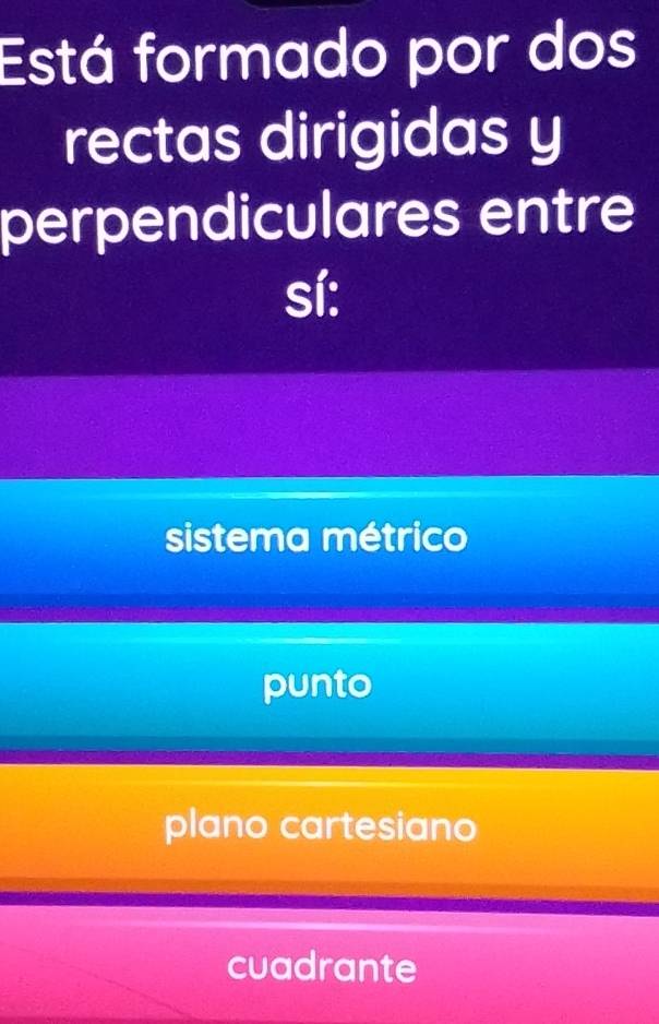 Está formado por dos
rectas dirigidas y
perpendiculares entre
sí:
sistema métrico
punto
plano cartesiano
cuadrante