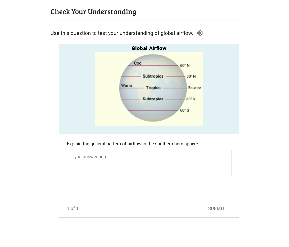 Check Your Understanding 
Use this question to test your understanding of global airflow. 
Global Airflow 
Cool
60°N
Subtropics 30°N
Warm Tropics Equator 
Subtropics 30°S
60°S
Explain the general pattern of airflow in the southern hemisphere. 
Type answer here... 
1 of 1 SUBMIT