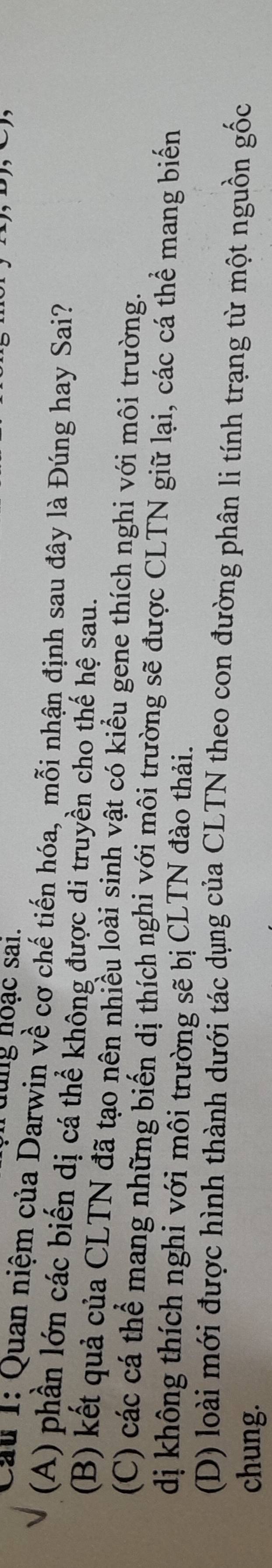 dung hoạc sai.
Cu 1: Quan niệm của Darwin về cơ chế tiến hóa, mỗi nhận định sau đây là Đúng hay Sai?
(A) phần lớn các biến dị cá thể không được di truyền cho thế hệ sau.
(B) kết quả của CLTN đã tạo nên nhiều loài sinh vật có kiểu gene thích nghi với môi trường.
(C) các cá thể mang những biến dị thích nghi với môi trường sẽ được CLTN giữ lại, các cá thể mang biến
dị không thích nghi với môi trường sẽ bị CLTN đào thải.
(D) loài mới được hình thành dưới tác dụng của CLTN theo con đường phân li tính trạng từ một nguồn gốc
chung.