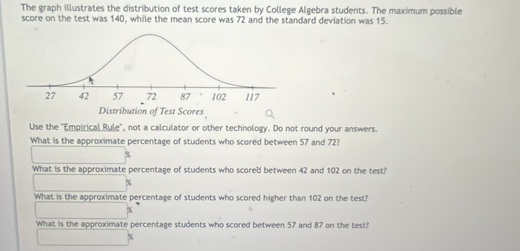 The graph illustrates the distribution of test scores taken by College Algebra students. The maximum possible 
score on the test was 140, while the mean score was 72 and the standard deviation was 15. 
Use the "Empirical Rule", not a calculator or other technology. Do not round your answers. 
What is the approximate percentage of students who scored between 57 and 72?
%
What is the approximate percentage of students who scored between 42 and 102 on the test?
%
What is the approximate percentage of students who scored higher than 102 on the test? 
What is the approximate percentage students who scored between 57 and 87 on the test?
%