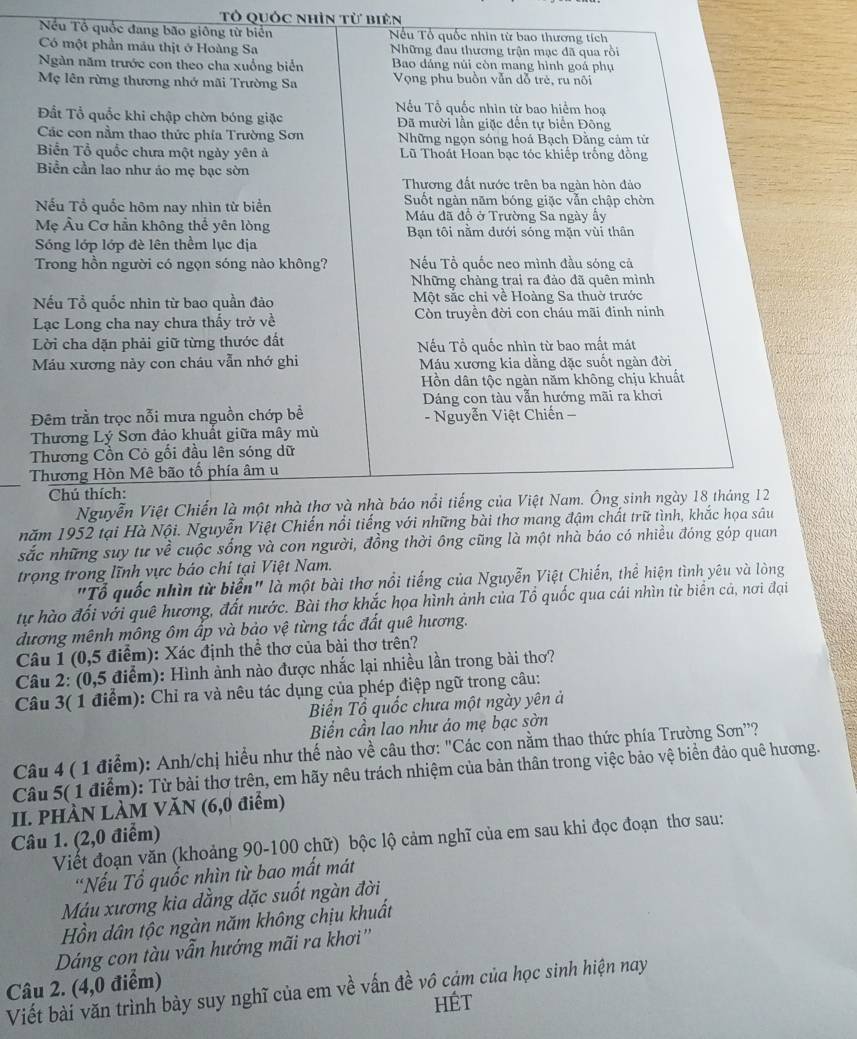 Tổ quốc nhìn từ biên
Nếu Tổ quốc đang bão giông từ biển Nếu Tổ quốc nhìn từ bao thương tích
Có một phần mâu thịt ở Hoàng Sa  Những đau thương trận mạc đã qua rồi
Ngàn năm trước con theo cha xuồng biển Bao đáng núi còn mang hình goá phụ
Mẹ lên rừng thương nhớ mãi Trường Sa Vọng phu buồn vẫn dỗ trẻ, ru nôi
Nếu Tổ quốc nhìn từ bao hiểm hoạ
Đất Tổ quốc khi chập chờn bóng giặc Đã mười lần giặc đến tự biển Đông
Các con nằm thao thức phía Trường Sơn Những ngọn sóng hoá Bạch Đằng cảm tử
Biển Tổ quốc chưa một ngày yên ả Lũ Thoát Hoan bạc tóc khiếp trống đồng
Biền cần lao như áo mẹ bạc sờn
Thương đất nước trên ba ngàn hòn đảo
Nếu Tổ quốc hôm nay nhìn từ biển Suốt ngàn năm bóng giặc vẫn chập chờn
Máu đã đổ ở Trường Sa ngày ây
Mẹ Âu Cơ hần không thể yên lòng Bạn tôi nằm dưới sóng mặn vùi thân
Sóng lớp lớp đè lên thềm lục địa
Trong hồn người có ngọn sóng nào không? Nếu Tổ quốc neo mình đầu sóng cả
Những chàng trai ra đảo đã quên mình
Nếu Tổ quốc nhìn từ bao quần đảo  Một sắc chi về Hoàng Sa thuờ trước
Lạc Long cha nay chưa thấy trở về Còn truyền đời con cháu mãi đinh ninh
Lời cha dặn phải giữ từng thước đất Nếu Tổ quốc nhìn từ bao mất mát
Máu xương này con cháu vẫn nhớ ghi Máu xương kia dằng dặc suốt ngàn đời
Hồn dân tộc ngàn năm không chịu khuất
Dáng con tàu vẫn hướng mãi ra khơi
Đêm trần trọc nỗi mưa nguồn chớp bể - Nguyễn Việt Chiến 
Thương Lý Sơn đảo khuất giữa mây mù
Thương Cồn Cỏ gối đầu lên sóng dữ
Thương Hòn Mê bão tố phía âm u
Chú thích:
Nguyễn Việt Chiến là một nhà thơ và nhà báo nổi tiếng của Việt Nam. Ông sinh ngày 18 tháng 12
năm 1952 tại Hà Nội. Nguyễn Việt Chiến nổi tiếng với những bài thơ mang đậm chất trữ tình, khắc họa sâu
sắc những suy tư về cuộc sống và con người, đồng thời ông cũng là một nhà báo có nhiều đóng góp quan
trọng trong lĩnh vực báo chí tại Việt Nam.
"Tổ quốc nhìn từ biển" là một bài thơ nổi tiếng của Nguyễn Việt Chiến, thể hiện tình yêu và lòng
tự hào đổi với quê hương, đất nước. Bài thơ khắc họa hình ảnh của Tổ quốc qua cái nhìn từ biển cả, nơi đại
dương mênh mông ôm ấp và bảo vệ từng tắc đất quê hương.
Câu 1 (0,5 điểm): Xác định thể thơ của bài thơ trên?
Câu 2: (0,5 điểm): Hình ảnh nào được nhắc lại nhiều lần trong bài thơ?
Câu 3( 1 điểm): Chỉ ra và nêu tác dụng của phép điệp ngữ trong câu:
Biển Tổ quốc chưa một ngày yên ả
Biển cần lao như áo mẹ bạc sờn
Câu 4 ( 1 điểm): Anh/chị hiều như thế nào về câu thơ: "Các con nằm thao thức phía Trường Sơn''?
Câu 5(1 điểm): Từ bài thơ trên, em hãy nêu trách nhiệm của bản thân trong việc bảo vệ biển đảo quê hương.
II. PHÀN LÀM VăN (6,0 điểm)
Câu 1. (2,0 điểm)
Viết đoạn văn (khoảng 90-100 chữ) bộc lộ cảm nghĩ của em sau khi đọc đoạn thơ sau:
'Nếu Tổ quốc nhìn từ bao mất mát
Máu xương kia dằng dặc suốt ngàn đời
Hồn dân tộc ngàn năm không chịu khuất
Dáng con tàu vẫn hướng mãi ra khơi''
Câu 2. (4,0 điểm)
Viết bài văn trình bày suy nghĩ của em về vấn đề vô cảm của học sinh hiện nay hÉt