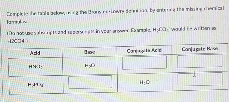 Solved: Complete the table below, using the Bronsted-Lowry defnition ...