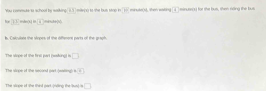 You commute to school by walking [0.5 ] mile(s) to the bus stop in [10] minute(s), then waiting [ 4 minute (s) for the bus, then riding the bus 
for 2.5 mile(s) in overline 4 minute(s). 
b. Calculate the slopes of the different parts of the graph. 
The slope of the first part (walking) is □. 
The slope of the second part (waiting) is _(_. 
The slope of the third part (riding the bus) is □.