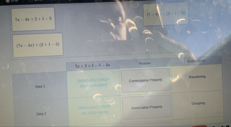 (7-4):+(2+1-5)
7x-4x+2+1-5
(7x-4x)+(2+1-5)