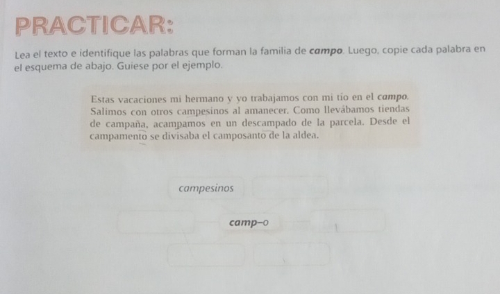 PRACTICAR: 
Lea el texto e identifique las palabras que forman la familia de campo. Luego, copie cada palabra en 
el esquema de abajo. Guiese por el ejemplo. 
Estas vacaciones mi hermano y yo trabajamos con mi tío en el campo. 
Salímos con otros campesinos al amanecer. Como llevábamos tiendas 
de campaña, acampamos en un descampado de la parcela. Desde el 
campamento se divisaba el camposanto de la aldea. 
campesinos 
camp-0