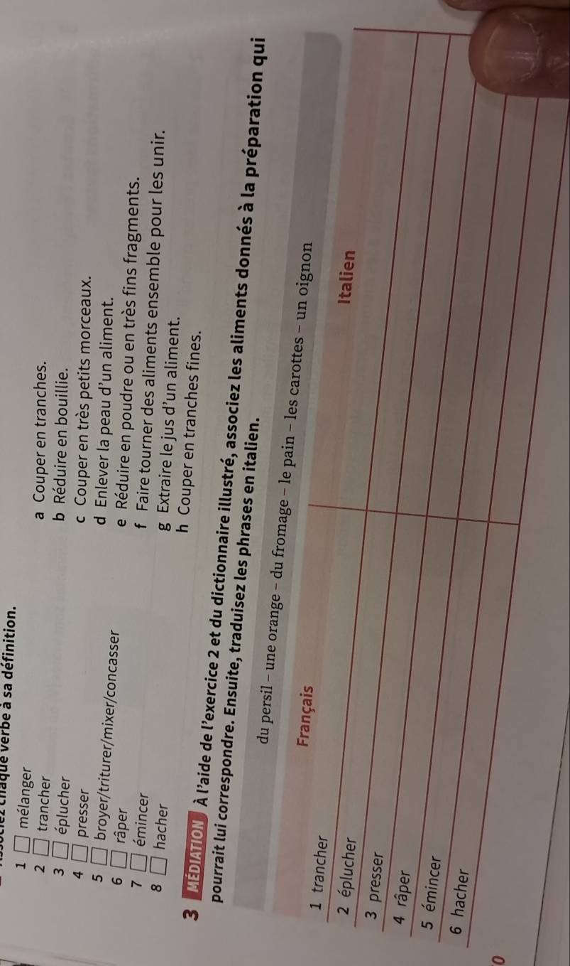 el chaque verbe à sa définition.
1 □ mélanger
2 □ trancher a Couper en tranches.
3 □ éplucher
b Réduire en bouillie.
4 □ presser
c Couper en très petits morceaux.
d Enlever la peau d’un aliment.
5 □ broyer/triturer/mixer/concasser e Réduire en poudre ou en très fins fragments.
6 □ râper
f Faire tourner des aliments ensemble pour les unir.
7 □ émincer g Extraire le jus d’un aliment.
8 □ hacher h Couper en tranches fines.
3 MÉDiAtioN À l'aide de l'exercice 2 et du dictionnaire illustré, associez les aliments 
pourrait lui correspondre. Ensuite, traduisez les
0