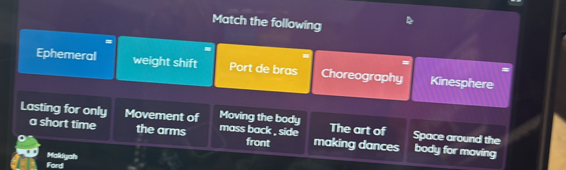 Match the following
=
Ephemeral weight shift Port de bras Choreography Kinesphere
Lasting for only Movement of Moving the body mass back , side The art of Space around the
a short time the arms making dances body for moving
front
Makiyah
Ford