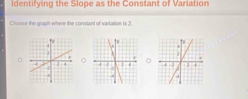 Identifying the Slope as the Constant of Variation 
Choose the graph where the constant of variation is 2.