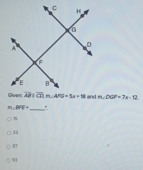 m∠ DGF=7x-12.
m∠ BFE= _°.
15
33
87
93