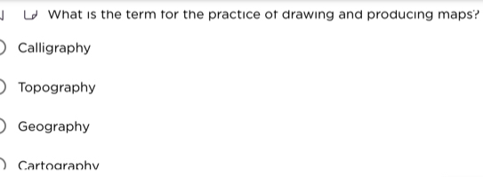 What is the term for the practice of drawing and producing maps?
Calligraphy
Topography
Geography
Cartographv