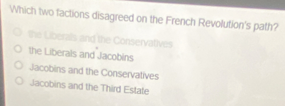 Which two factions disagreed on the French Revolution's path?

the Liberals and Jacobins
Jacobins and the Conservatives
Jacobins and the Third Estate