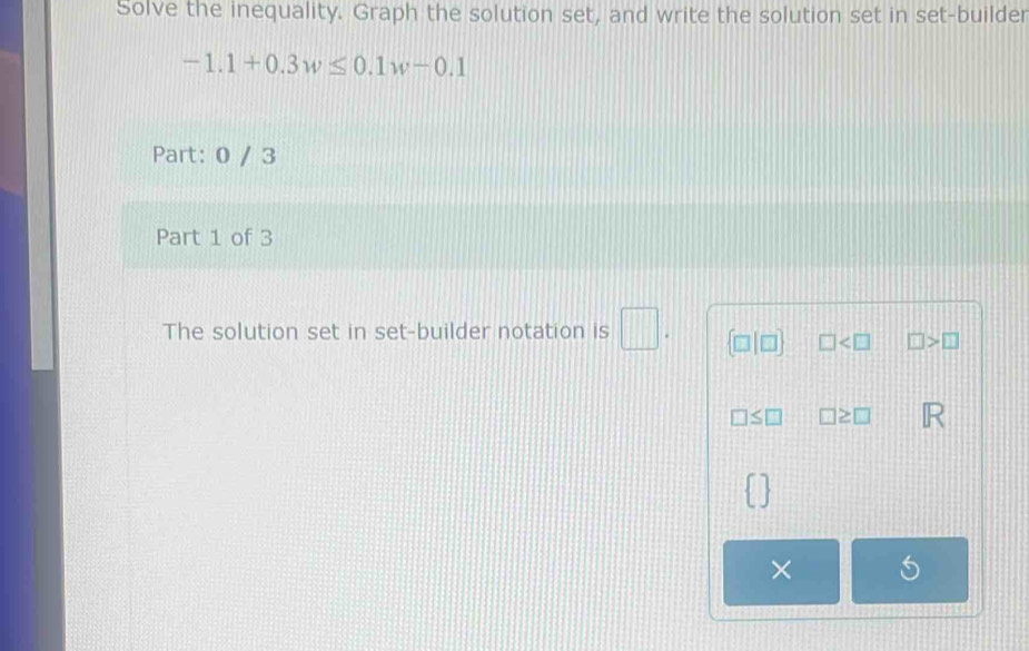 Solve the inequality. Graph the solution set, and write the solution set in set-builder
-1.1+0.3w≤ 0.1w-0.1
Part: 0 / 3 
Part 1 of 3 
The solution set in set-builder notation is
□ □ >□
|≥ □ R 
× 5