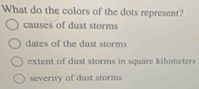 Solved: What do the colors of the dots represent? causes of dust storms ...