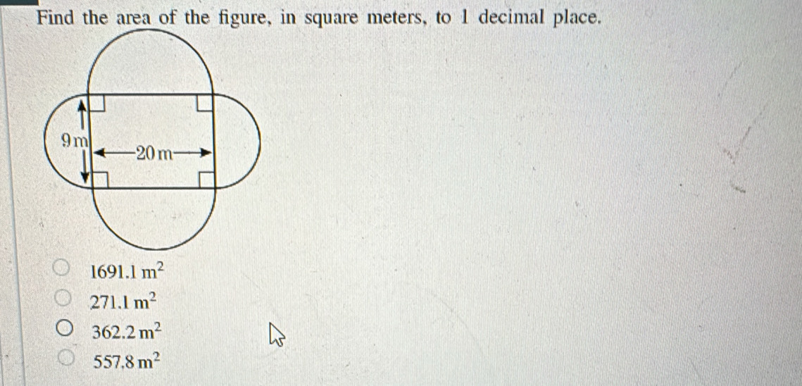 Find the area of the figure, in square meters, to 1 decimal place.
1691.1m^2
271.1m^2
362.2m^2
557,8m^2