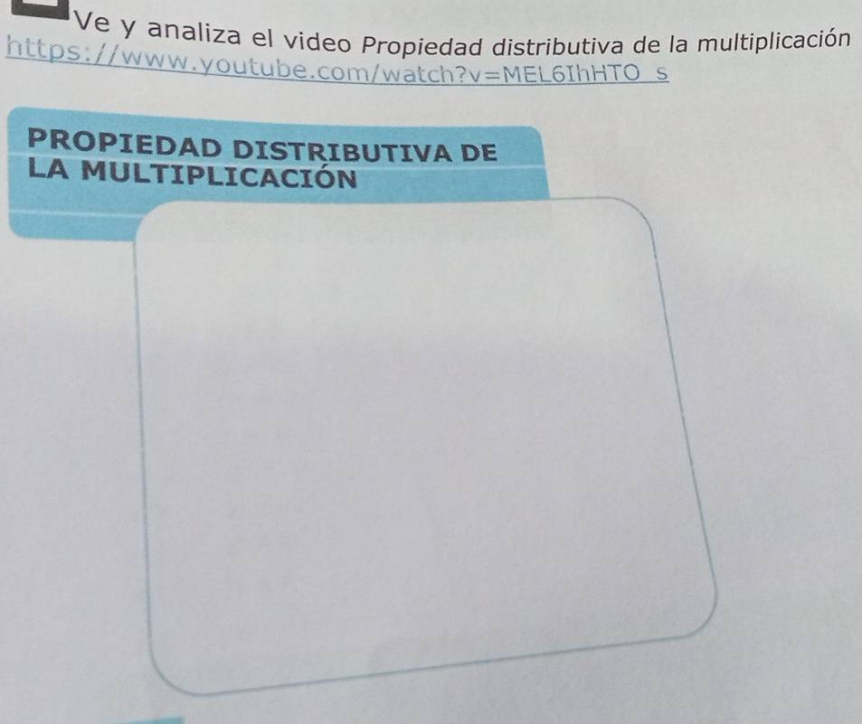 Ve y analiza el video Propiedad distributiva de la multiplicación 
https://www.youtube.com/watch? v= MEL6IhHTO s 
PROPIEDAD DISTRIBUTIVA DE 
LA MULTIPLICACIÓN