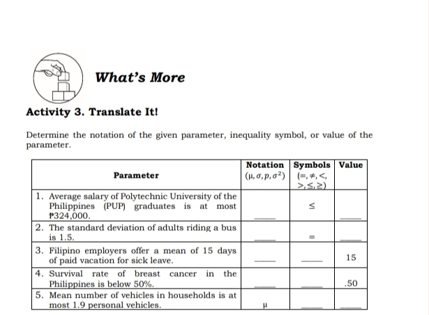 What’s More
Activity 3. Translate It!
Determine the notation of the given parameter, inequality symbol, or value of the
parameter.
__