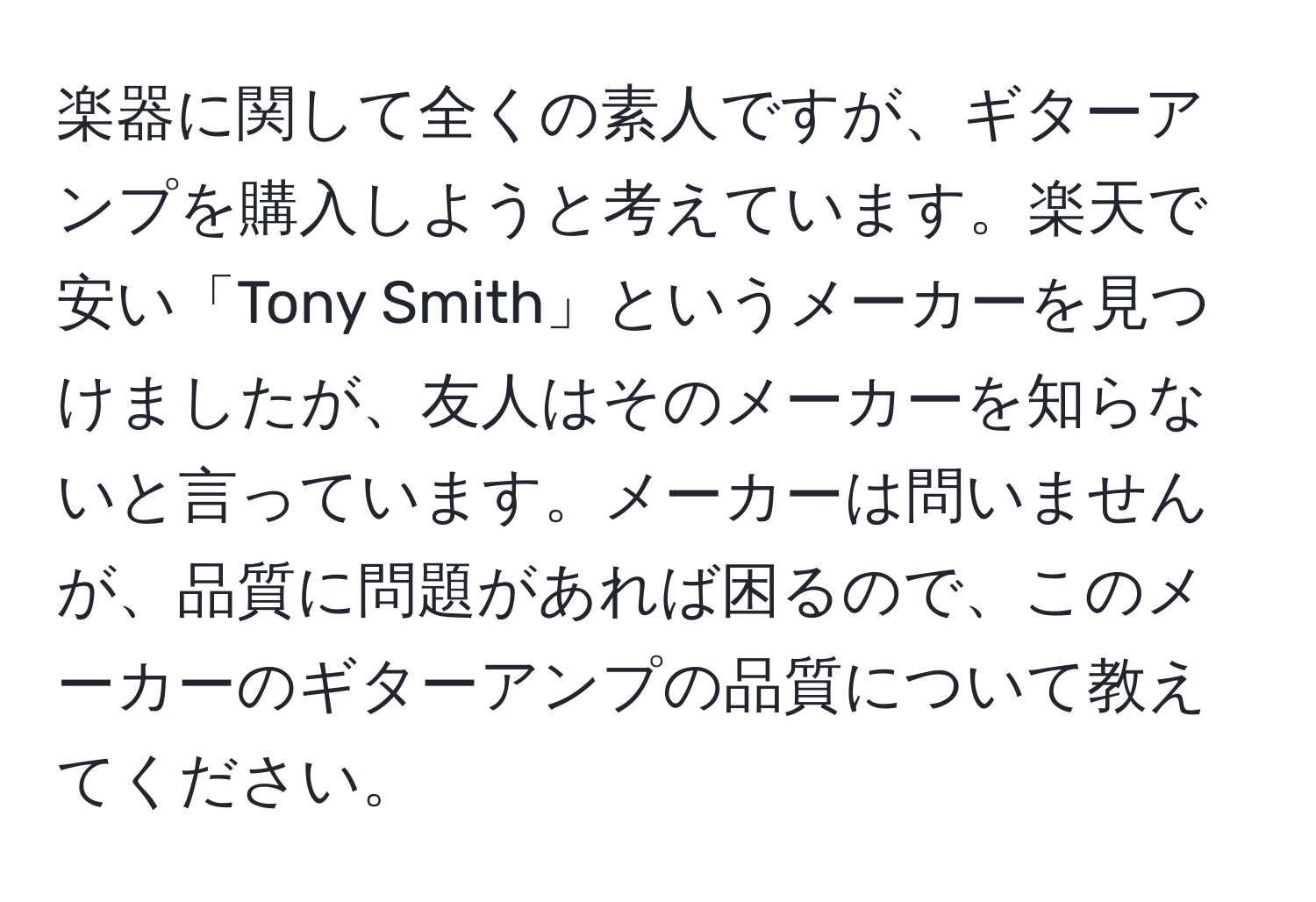 楽器に関して全くの素人ですが、ギターアンプを購入しようと考えています。楽天で安い「Tony Smith」というメーカーを見つけましたが、友人はそのメーカーを知らないと言っています。メーカーは問いませんが、品質に問題があれば困るので、このメーカーのギターアンプの品質について教えてください。