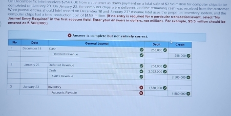 On December 18, Intel receives $258,000 from a customer as down payment on a total sale of $2.58 million for computer chips to be 
completed on January 23. On January 23, the computer chips were delivered and the remaining cash was received from the customer. 
What journal entries should Intel record on December 18 and January ∠ 3? Assume Intel uses the perpetual inventory system, and the 
computer chips had a total production cost of $1.58 milion. (If no entry is required for a particular transaction/event, select 'Ne 
entered as 5,500,000.] Journal Entry Required" in the first account field. Enter your answers in dollars, not millions. For example, $5.5 million should be