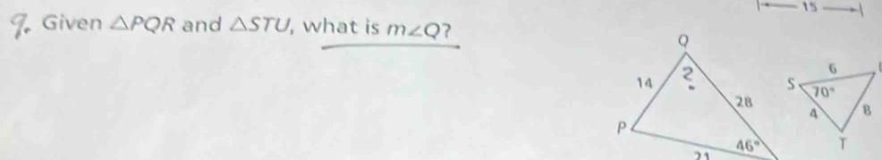 Given △ PQR and △ STU , what is m∠ Q ?