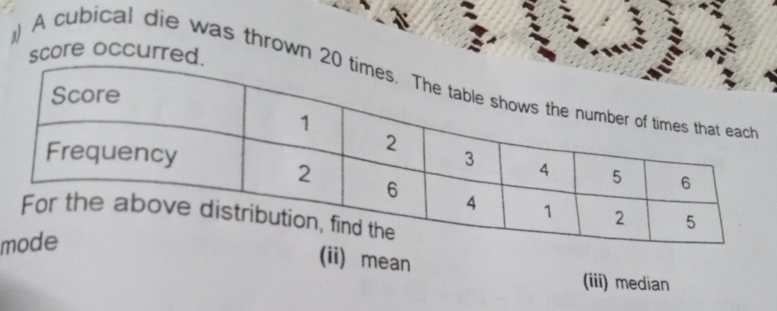 score occurred
) A cubical die was thrown 2
m
(ii) mean
(iii) median