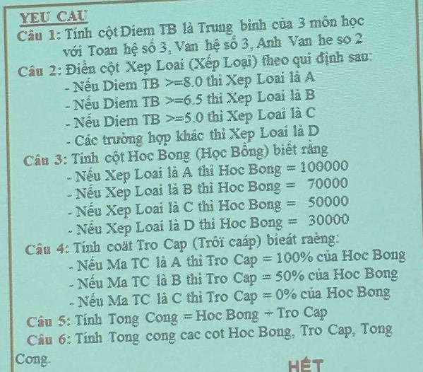 YEU CAU 
Câu 1: Tính cột Diem TB là Trung binh của 3 môn học 
với Toan hệ số 3, Van hệ số 3, Anh Van he so 2
Câu 2: Điền cột Xep Loai (Xếp Loại) theo qui định sau: 
- Nếu Diem TB>=8 _ 0 thì Xep Loai là A 
- Nếu Diem TB>=6.5 thi Xep Loai là B 
- Nếu Diem TB>=5.0 thì Xep Loai là C 
- Các trường hợp khác thi Xep Loai là D 
Câu 3: Tính cột Hoc Bong (Học Bổng) biết rằng 
- Nếu Xep Loai là A thì Hoc Bong =100000
- Nếu Xep Loai là B thì Hoc Bong =70000
- Nếu Xep Loai là C thì Hoc Bong =50000
- Nếu Xep Loai là D thi Hoc Bong =30000
Câu 4: Tính coặt Tro Cap (Trôï caáp) bieát raẻng: 
- Nếu Ma TC là A thì Tro Cap=100% của Hoc Bong 
- Nếu Ma TC là B thì Tro Cap=50% của Hoc Bong 
- Nếu Ma TC là C thi Tro Cap=0% của Hoc Bong 
Câu 5: Tính Tong Cong = Hoc Bong + Tro Cap 
Câu 6: Tính Tong cong cac cot Hoc Bong, Tro Cap, Tong 
Cong. hét