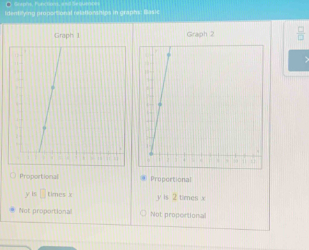 Graphs, Functions, and Sequences
Identifying proportional relationships in graphs: Basic
Graph 1 Graph 2  □ /□  
Proportional Proportional
y ls □ times x y is 2 times x
Not proportional Not proportional